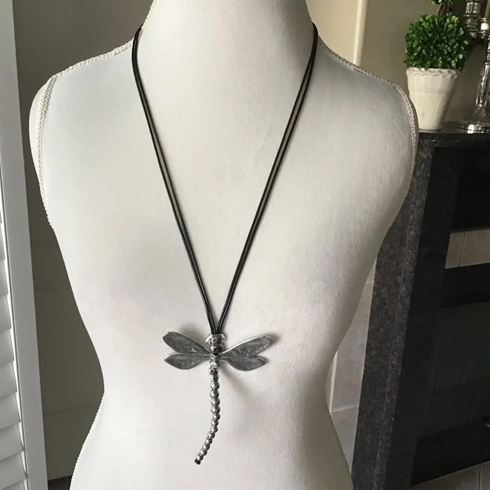LAST 1! NEW Dragonfly Statement Necklace Movable Wings Gardener Black Cord Lucky